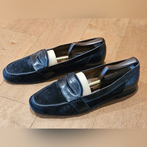 BRUNO MAGLI Italy Men's 11 N Black Leather & Suede Penny Loafers | Luxury Narrow - Picture 2 of 9
